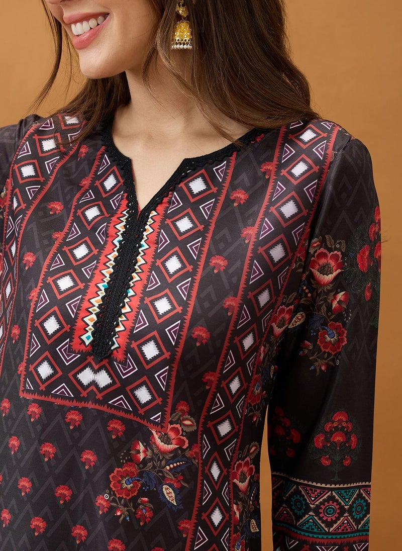 Globus Women Black Floral Print Lace Insert Scalloped Hem Straight Kurta With Elasticated Pant Set - Image 5